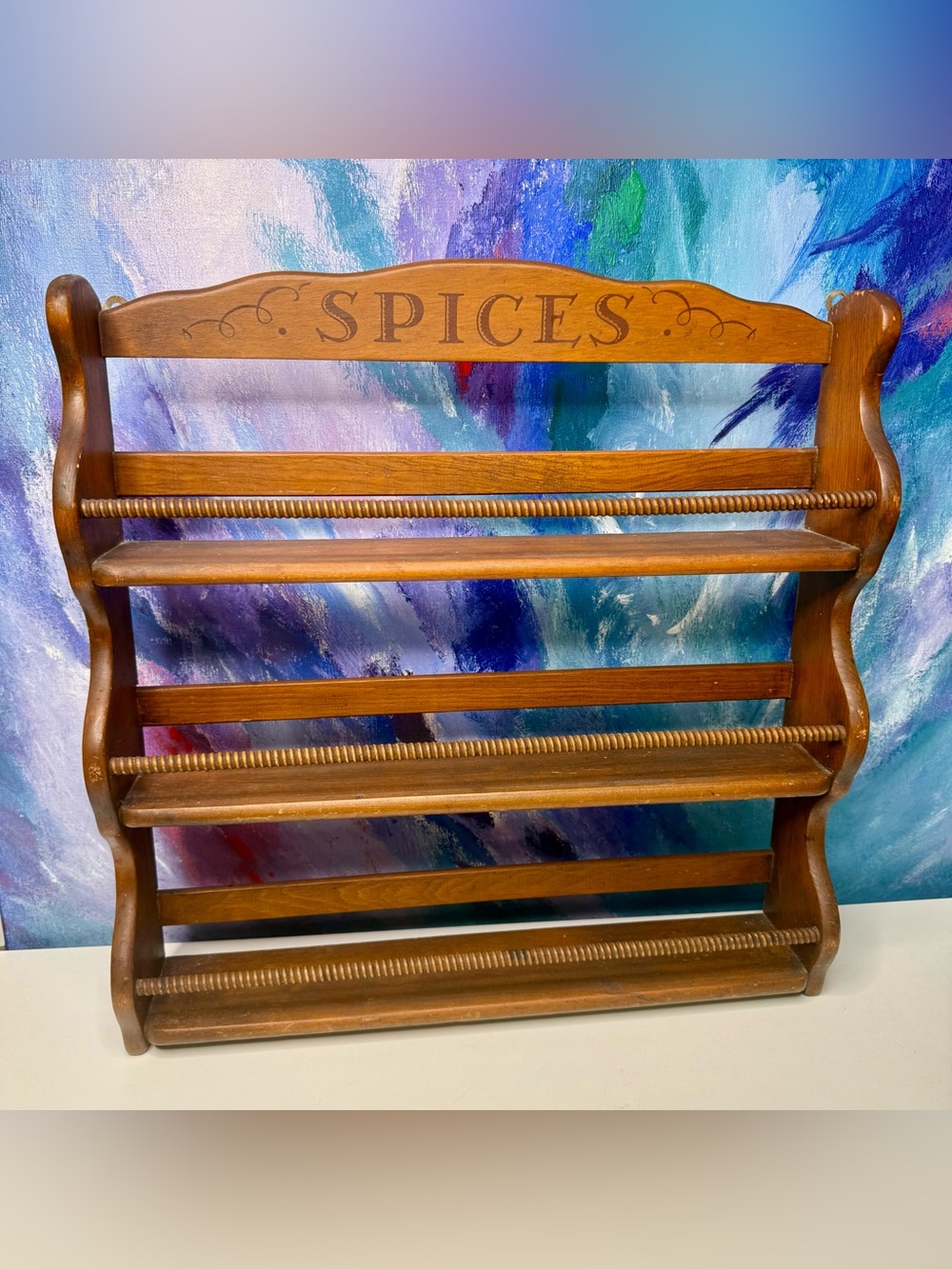 Vintage Spices Rack 3 Tier Shelf Wall Hanging Wood Cottagecore Kitchen